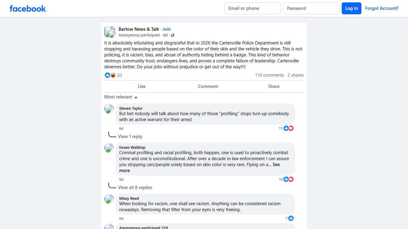 Bartow News & Talk It is absolutely infuriating and disgraceful that in 2026 the Cartersville Police Department is still stopping and harassing people based on the color... Facebook
